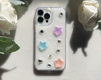 Fabriquée à la main, lustre nacré, 3D, étoiles mignonnes, breloques en diamant, résine, paillettes, coque de téléphone pour iPhone 15 14 13 12 11 pro max, coque XR XS MAX