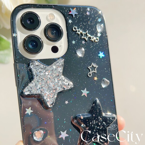 Handmade Resin Glitter Stars 3D Charms Phone Case for iPhone 15 14 13 12 11 pro max case XR X XS MAX 7 8 plus Case Handcrafted iPhone case