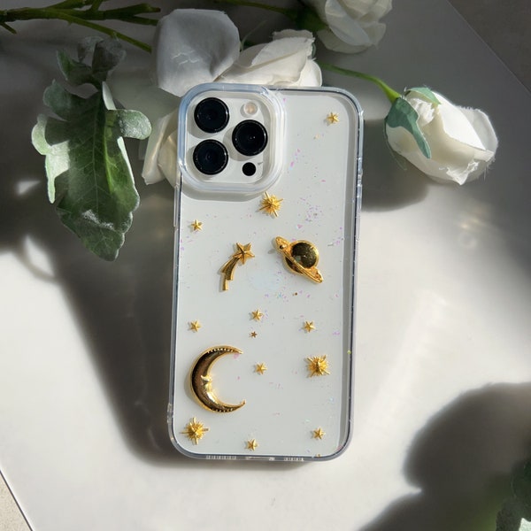 Glitter Transparent Star Saturn Moon Shooting Star Phone Case for iPhone 15 14 13 12 11 pro max case XR X XS MAX 7 8 plus Case