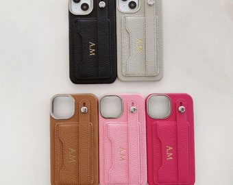 Custom Initial Letters Card Holder iPhone case, Personalized Leather Phone Case with Strap for iPhone 15 14 13 12 11 Pro Max Plus case