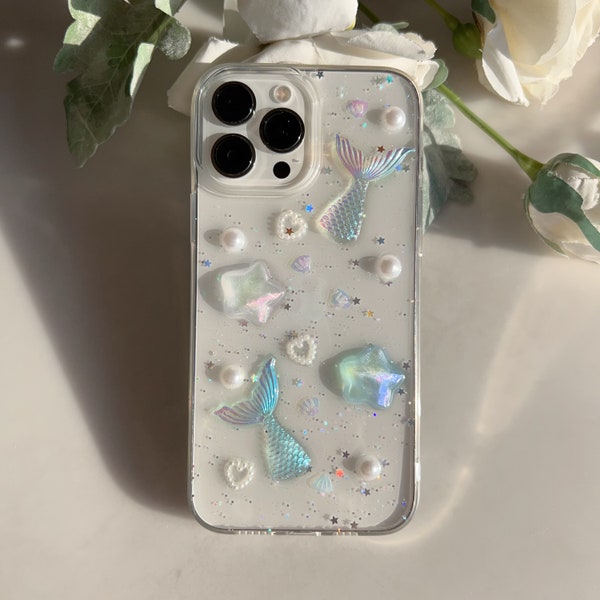 Glitter 3D Epoxy Mermaid Fish Tail Clear Phone Case for iPhone 15 14 13 12 11 pro max case,Shockproof Handmade iPhone case for gift