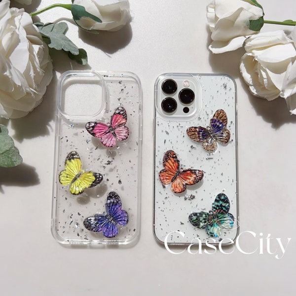 Glitter 3D Butterfly Transparent Phone Case for iPhone 15 14 13 12 11 pro max case XR X XS MAX 7 8 plus Case, Handmade Resin iPhone case