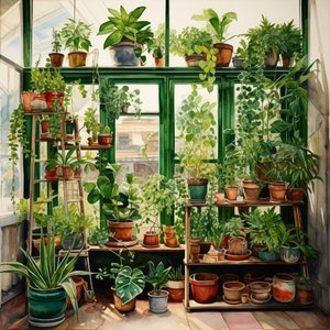 Watercolor Plants in Window 3, JPEG, PNG, and SVG