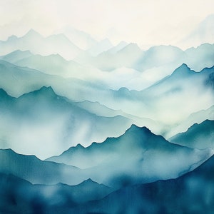 Blue Watercolor Mountain Range