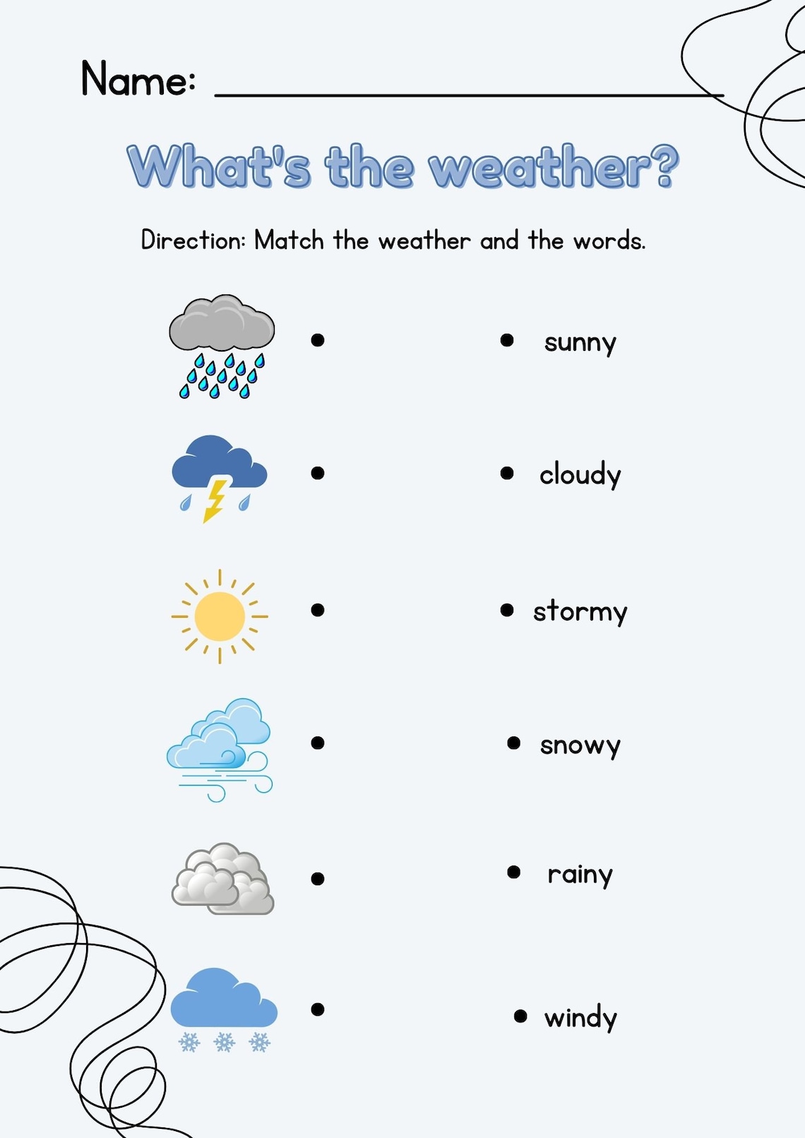 Blue Illustrative Weather Matching Worksheet| Match the Weather With ...