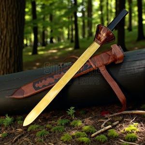 Puede incluir: Una espada de hoja dorada con empuñadura negra y guarda decorativa marrón descansa sobre un tronco. Una vaina de cuero marrón con diseño decorativo y correa está junto a la espada. El fondo es un bosque.