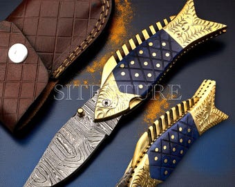 Handmade Damascus Knife Personalized Folding Pocket Knife Groomsmen Gift Fish Knive Father's Days