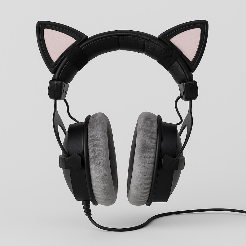 Puede incluir: Auriculares negros con almohadillas grises y orejas de gato. Las orejas de gato son negras con el interior rosa. Los auriculares tienen un cable negro y est&aacute;n sobre un fondo blanco.