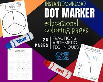 Educatieve Dot Marker Kleurplaten • Breuken, wiskunde en technieken • 24 pagina's • Hoger niveau • Ontwerpen met weinig inkt