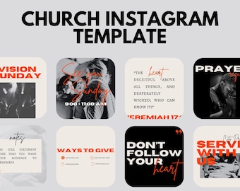May include: A collection of nine Instagram post templates for a church. The templates feature a variety of designs and messages, including "Vision Sunday", "Ways to Give", "Don't Follow Your Heart", "Pray", "Serve With Us", "New Series Sunday", "Download Our App", "Sunday Set List", and "Watch Live".