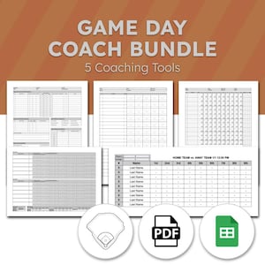 Könnte beinhalten: Ein digitales Coaching-Paket mit fünf Baseball-Vorlagen auf weißem Hintergrund mit schwarzem Text. Die Dokumente enthalten Spielstandsbögen, Aufstellungslisten und Tracking-Raster. Drei kreisförmige Symbole zeigen ein Baseballfeld, ein PDF-Logo und ein Tabellenkalkulationssymbol.