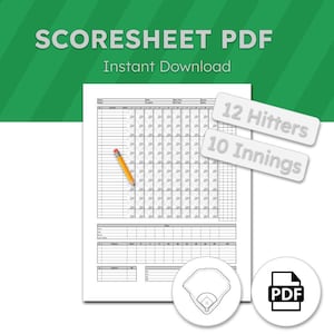 May include: A white baseball scoresheet PDF with the text "SCORESHEET PDF" and "Instant Download". Includes a baseball field graphic and a PDF icon. Features space for 12 hitters and 10 innings. A yellow pencil rests on the sheet.