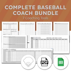 Könnte beinhalten: Ein digitales Baseball-Trainer-Paket mit sieben Coaching-Tools, darunter Spielberichtsbögen, Aufstellungslisten und Statistik-Tracker. Die Grafik zeigt verschiedene weiße Dokumentvorlagen mit schwarzem Text, ein Baseballfeld-Symbol sowie PDF- und Tabellenkalkulations-Symbole.