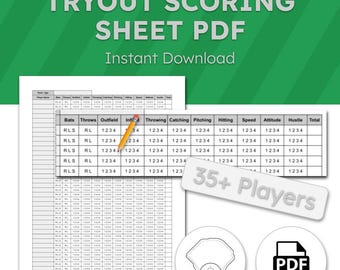 Hoja de puntuación para pruebas de béisbol (PDF) / Formulario de evaluación de jugadores para entrenadores / Hoja de calificación de habilidades imprimible para la selección del equipo