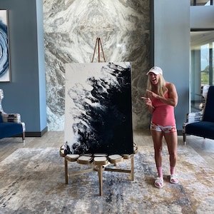 LARGE 48"x36" Monochromatic Black & White Acrylic Fluid Art Decor - Made to Order!