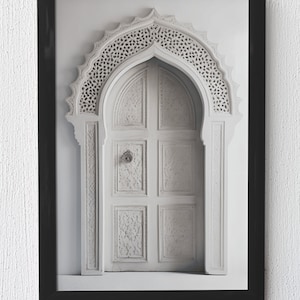Arte della parete della porta ad arco marocchino, porta bianca, architettura marocchina