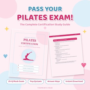 May include: A digital study guide for a Pilates certification exam featuring a pink and white cover with a silhouette of a person performing a pose, alongside a page showing a pop quiz on contraindications and safety, with text throughout.