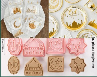 Lot de 8 emporte pièces ramadan + 8 assiettes eid mubarak + 50 sachets à gâteau