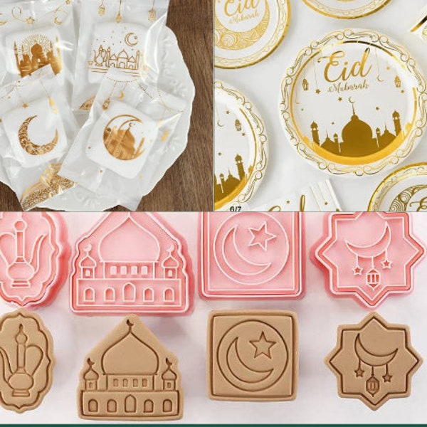 Lot de 8 emporte pièces ramadan + 8 assiettes eid mubarak + 50 sachets à gâteau