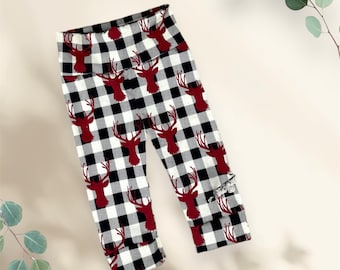 Leggings navideños para bebé - Pantalones navideños con renos y cuadros de búfalo