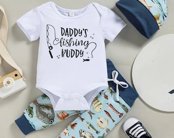 Baby Boy Fishing Outfit – Cotton Onesie, Pants & Hat Set