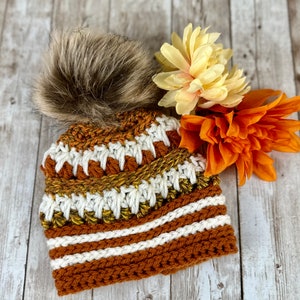 Handmade crochet winter hat for baby with pom pom Orange and cream crochet winter hat for baby Trendy baby winter hat for photos