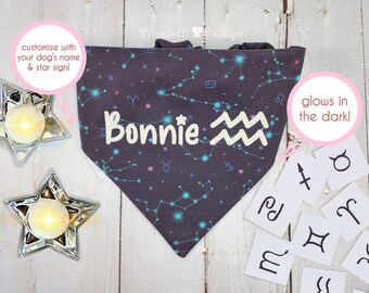 Bandana para el pelo para perros / Bandana con el signo del zodiaco / Bandana para perros hecha a mano / Bandana que brilla en la oscuridad / Juego de bandanas para perros / Astrología / Regalo para mamá perruna