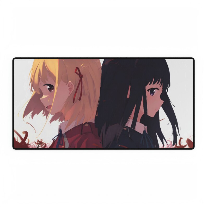 May include: Two anime girls with long hair, one with blonde hair and a red bow, the other with black hair, standing side by side. The background is a soft pink and white.