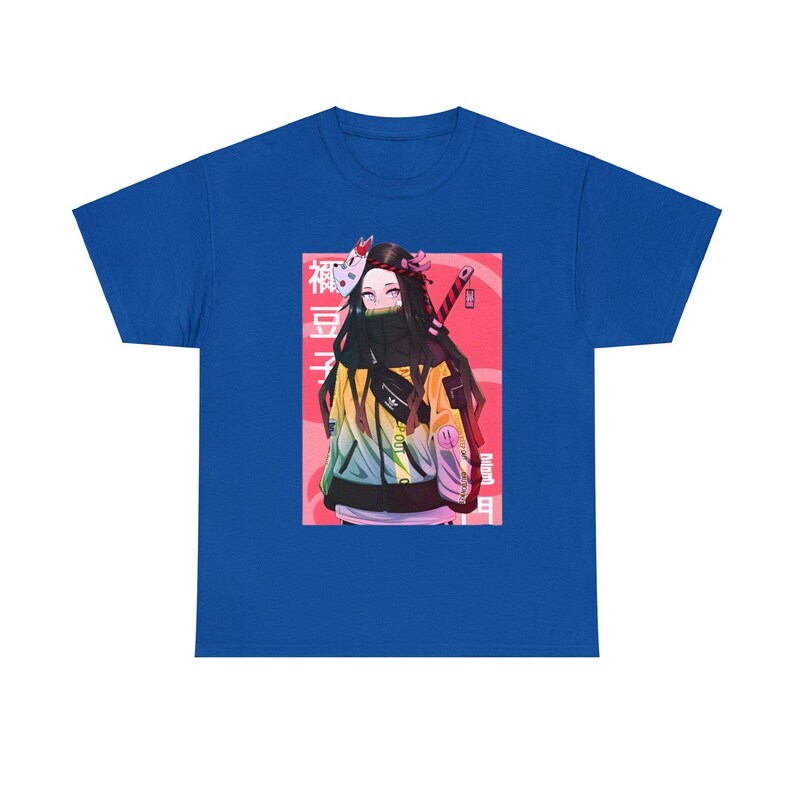 May include: A blue t-shirt with a graphic of a female anime character with a mask, wearing a yellow and green jacket, holding a sword. The text "禰豆子" is on the graphic.