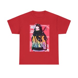 May include: Red t-shirt with a graphic of a female anime character with pink and yellow hair wearing a black mask and a yellow and green jacket. The character is holding a sword and the text "禰豆子" is in the background.