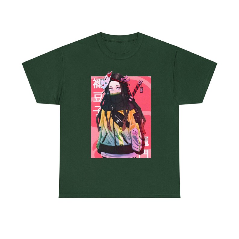 May include: A dark green t-shirt with a colorful illustration of a female anime character wearing a yellow and green jacket, a black mask, and holding a sword. The character is standing in front of a pink background with Japanese text.