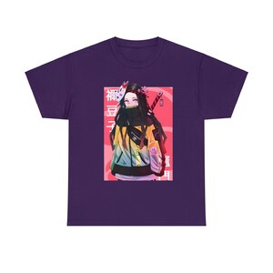 May include: Purple t-shirt with a graphic of an anime character with a sword and the text "禰豆子" in Japanese.