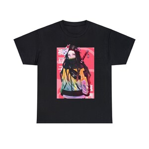 May include: Black t-shirt with a colorful illustration of a female anime character wearing a mask and holding a sword. The character is standing in front of a pink and white background with Japanese text.