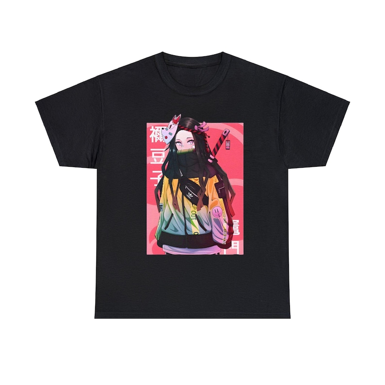 May include: Black t-shirt with a colorful illustration of a female anime character wearing a mask and holding a sword. The character is standing in front of a pink and white background with Japanese text.
