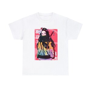 May include: White t-shirt with a colorful illustration of a female anime character wearing a yellow jacket and a mask. The character is holding a sword and the text "禰豆子" is printed on the shirt.