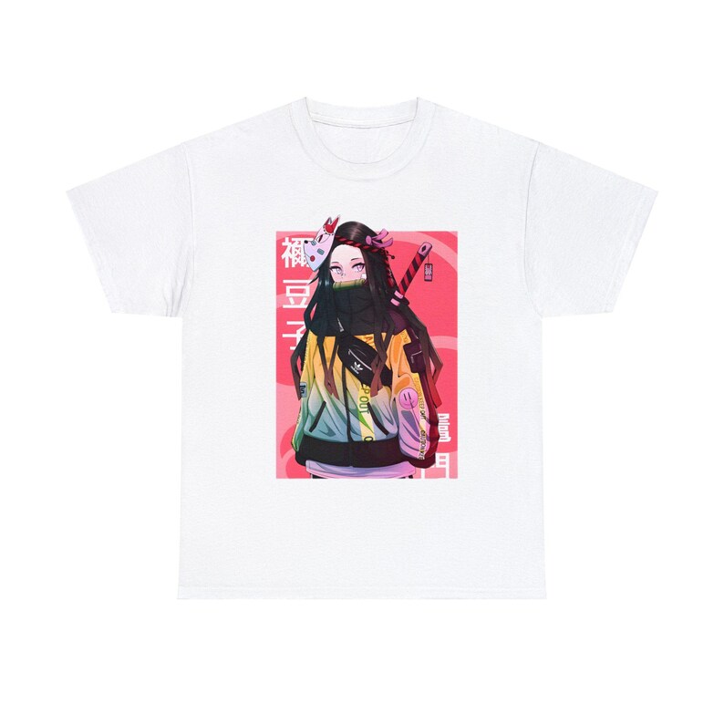May include: White t-shirt with a colorful illustration of a female anime character wearing a yellow jacket and a mask. The character is holding a sword and the text "禰豆子" is printed on the shirt.