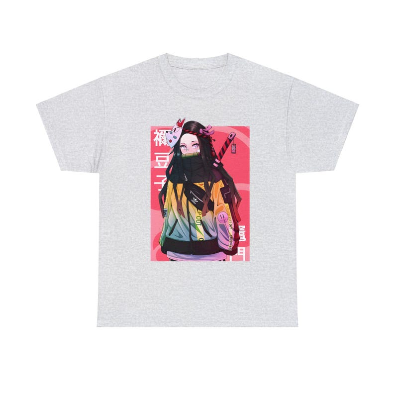 May include: A grey t-shirt with a graphic print of an anime character wearing a yellow and green jacket, a black mask, and holding a sword. The character is standing in front of a pink and white background with Japanese text that reads "胡蝶しのぶ".