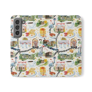 May include: A rectangular phone case featuring a repeating watercolor pattern of Springfield landmarks, diners, jukeboxes, stacks of pancakes with syrup, coffee cups, and Route 66 signs. The design includes a checkered road motif and the text Springfield.