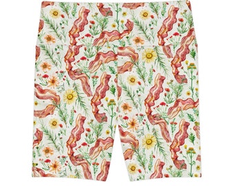 Bacon Blossoms: High Waisted Workout Shorts with Wildflower Flair