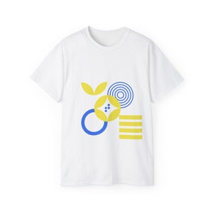 T シャツ コットン ユニセックス アート abstrait avec formes géométriques couleur bleu jaune、style bohème