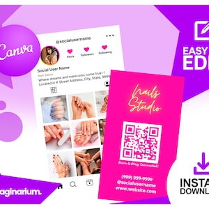 May include: Pink and white business card with a QR code, the text "Nails Studio" in neon pink, and the text "Scan & Stay Connected!" in white. The card also includes a phone number, social media handle, and website address.