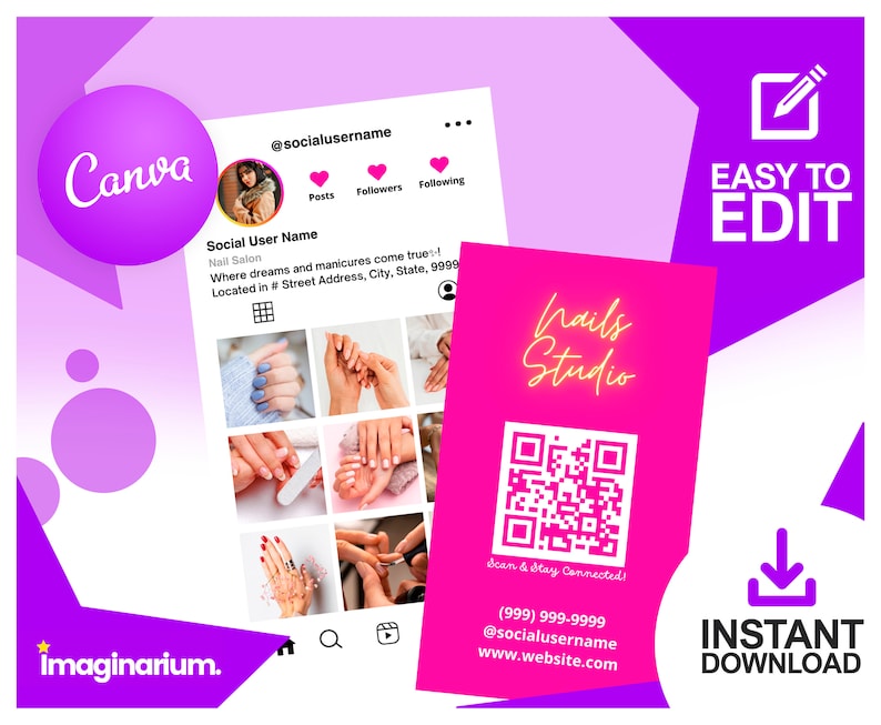 May include: Pink and white business card with a QR code, the text "Nails Studio" in neon pink, and the text "Scan & Stay Connected!" in white. The card also includes a phone number, social media handle, and website address.