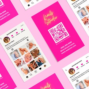 May include: Pink and white business card with a QR code, the text "Nails Studio" in neon pink, and the text "Scan & Stay Connected! (999) 999-9999 @socialusername www.website.com" in black.