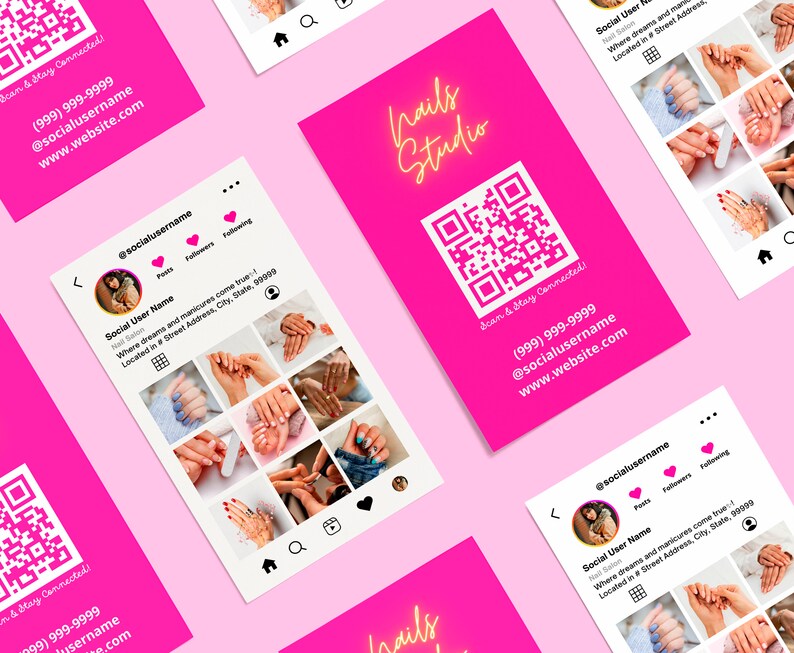 May include: Pink and white business card with a QR code, the text "Nails Studio" in neon pink, and the text "Scan & Stay Connected! (999) 999-9999 @socialusername www.website.com" in black.