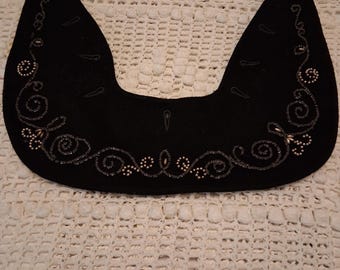 Vintage 1940s Black Wool Detachable Collar • Beaded & Seed Pearl Trim • Elegant Eveningwear Accessory