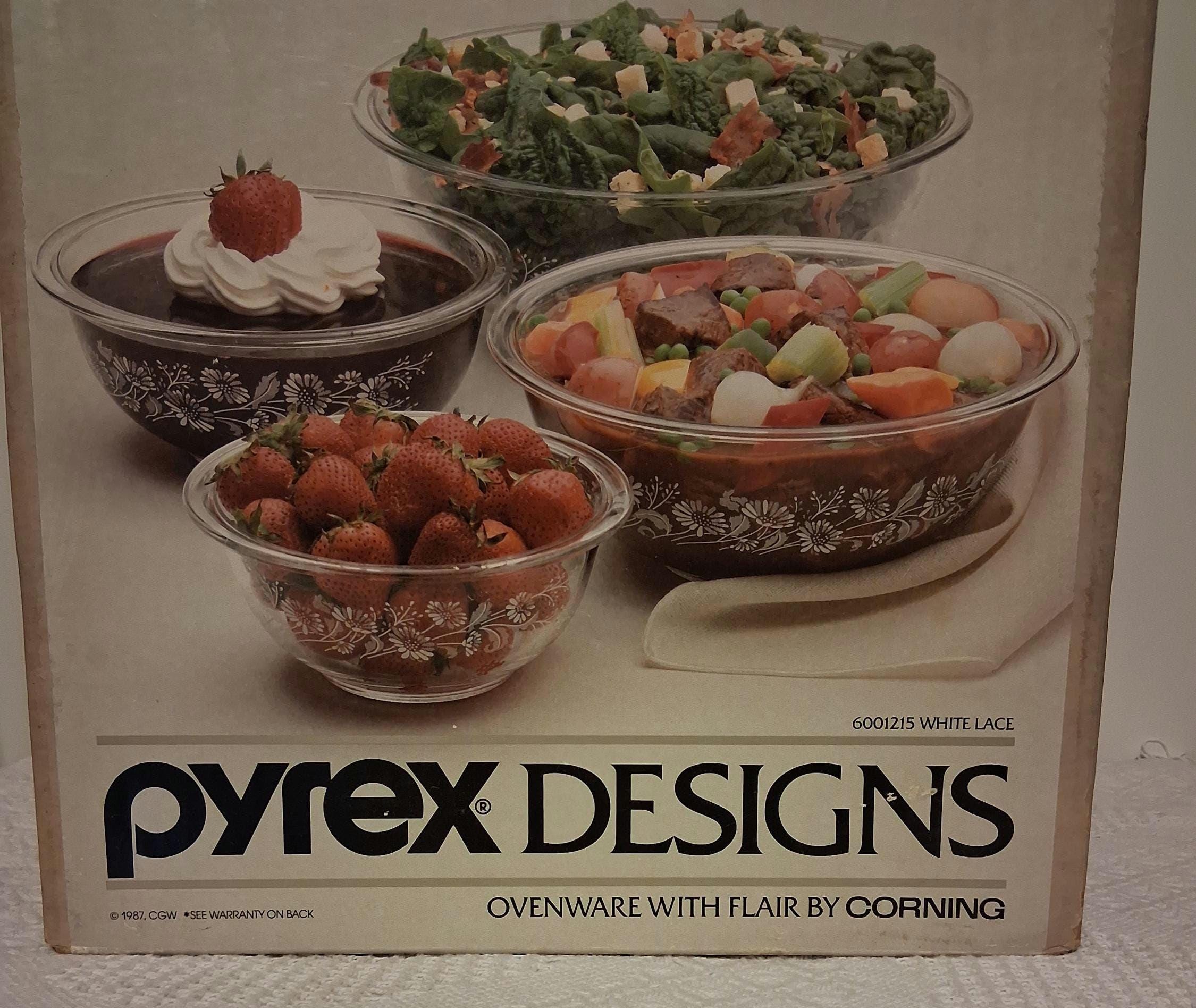 RARE Vintage 1987 Pyrex Designs White Lace 4 Piece Mixing Serving