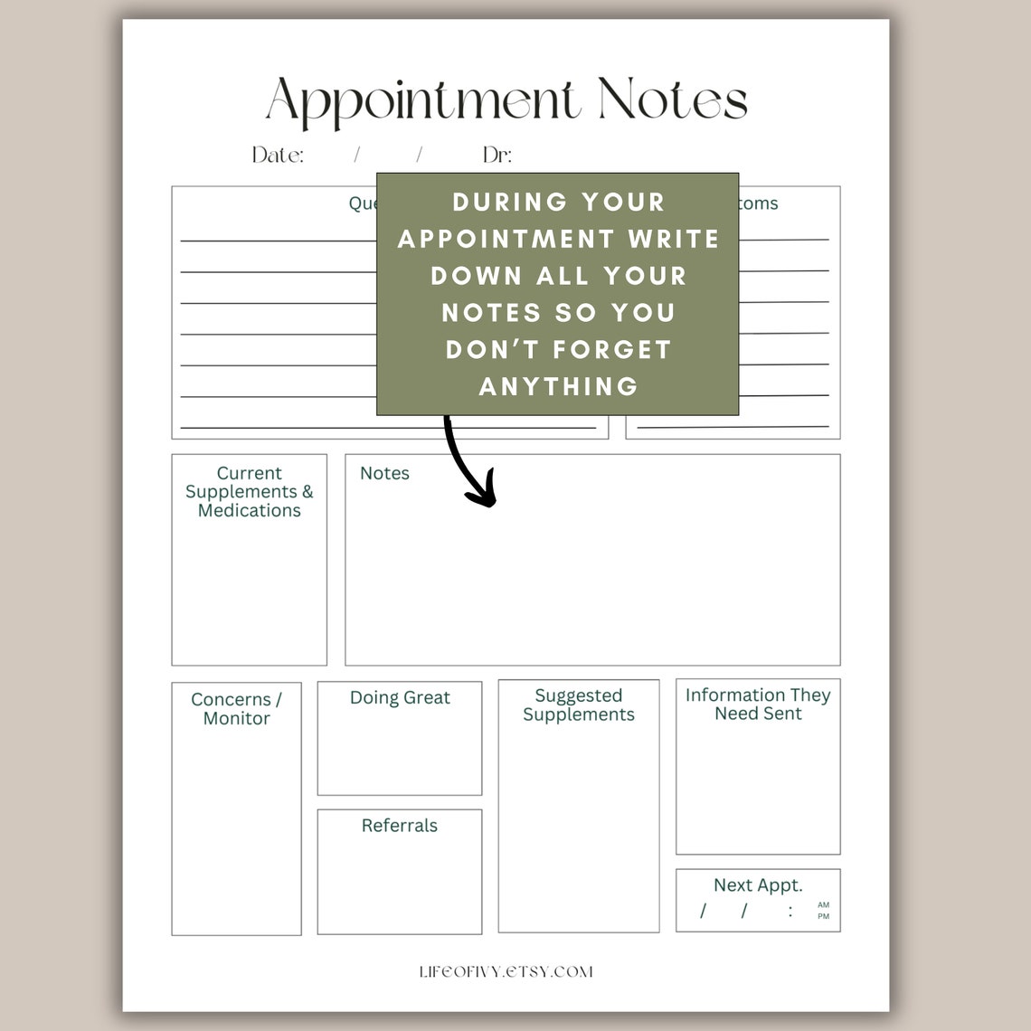 Health Appointment Printable Note Taking Doctor Visit Printable Digital Health Checklist Anti ...