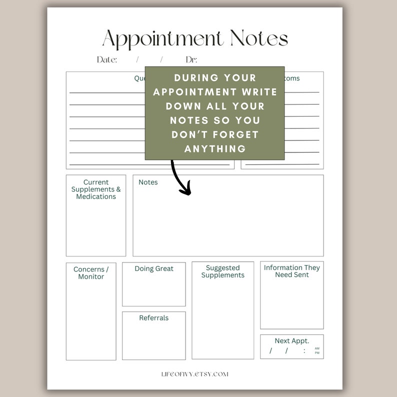 Health Appointment Printable Note Taking Doctor Visit Printable Digital