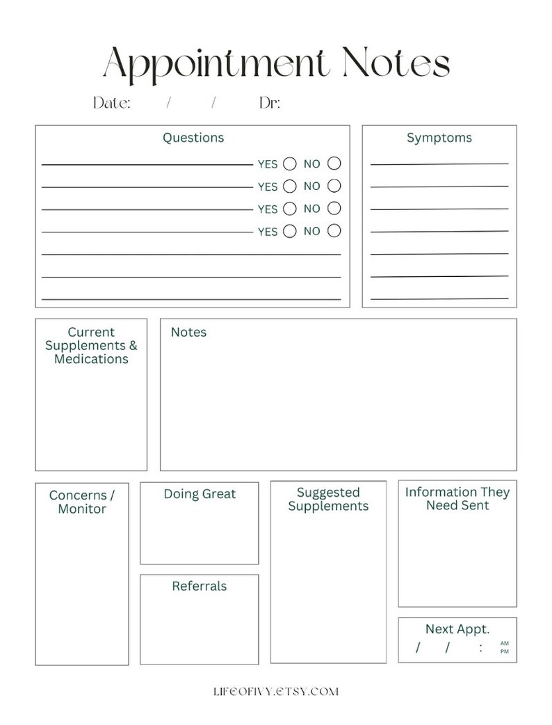 Health Appointment Printable Note Taking Doctor Visit Printable Digital Health Checklist Anti ...
