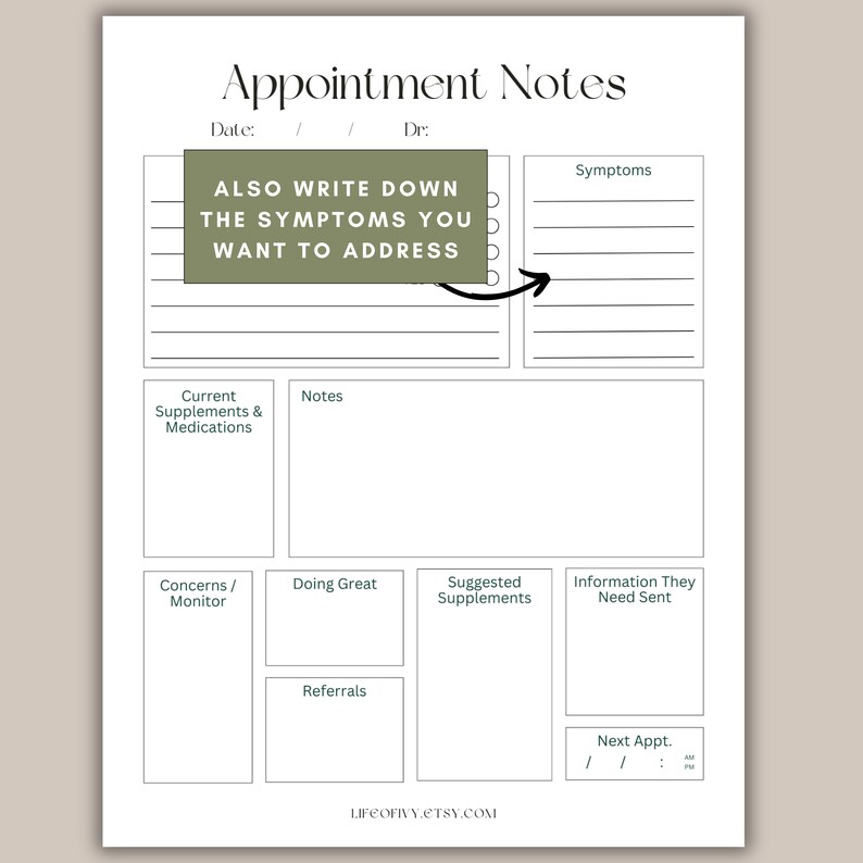 Health Appointment Printable Note Taking Doctor Visit Printable Digital